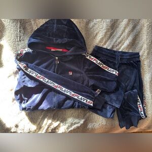 Fila Dark Blue Velour Hoodie with Red Accents